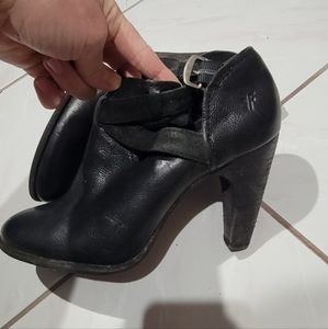 Frye Black Leather High-Heel Ankle Booties with Buckle Strap